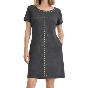 DKNY Studded Shift Wool Dress Sz 4 Charcoal Gray Short Sleeve‎ Minimalist